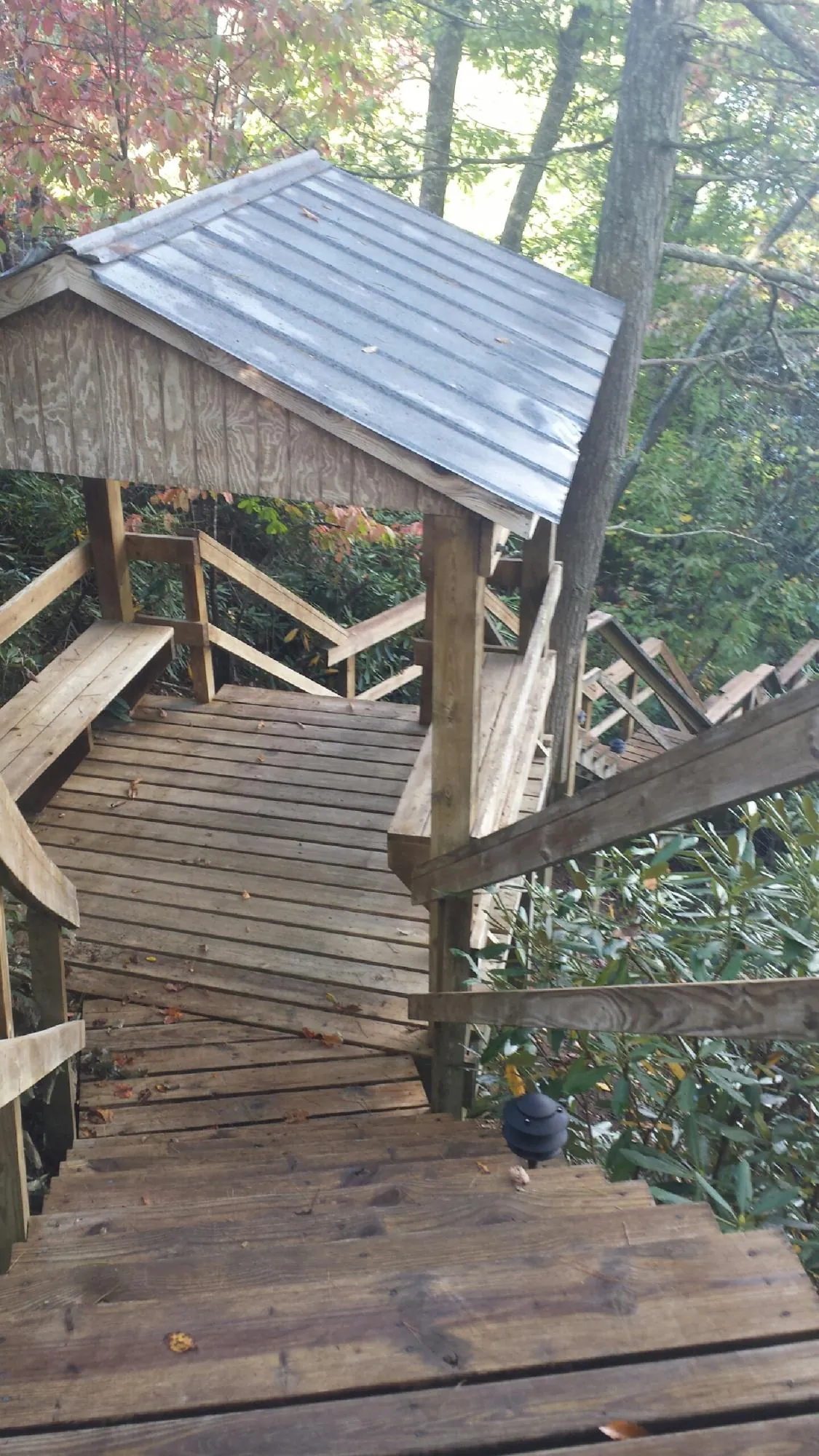 Metal roofed shelter over wooden steps on a wooded walkway — Skylight Repair & Installation work by our crew in Plain Dealing